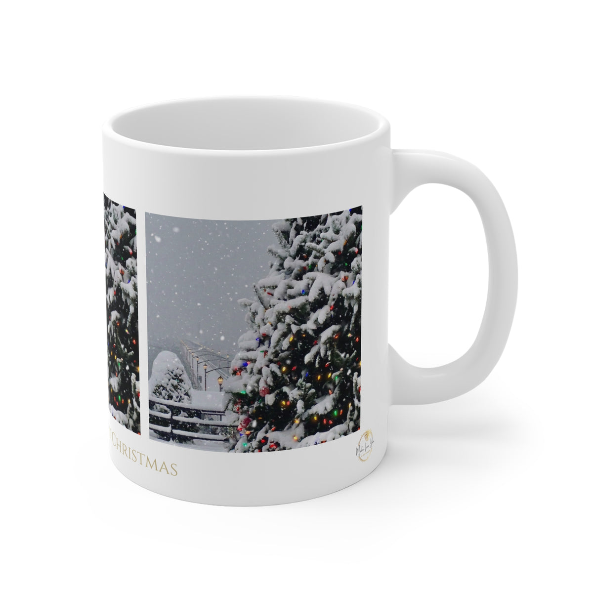 A white ceramic mug featuring a printed winter holiday photograph of snow-covered Christmas trees with colorful lights, on a clean white background.