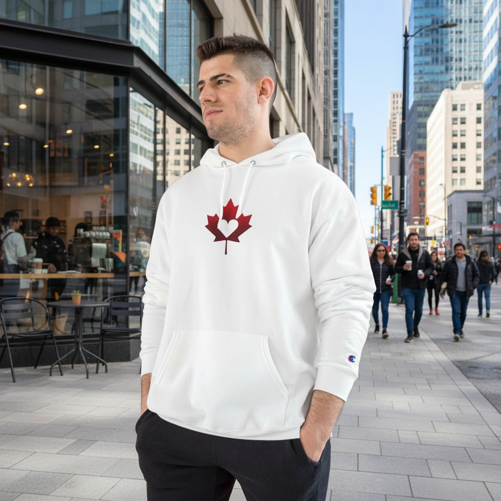 Man wearing a white hoodie with a red maple leaf design on a city street.