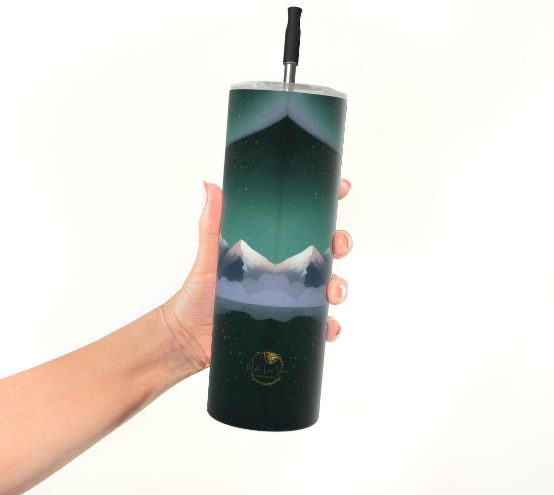 Stardust Journey Stainless Steel Tumbler — Mountain Aurora & Starry Night Art