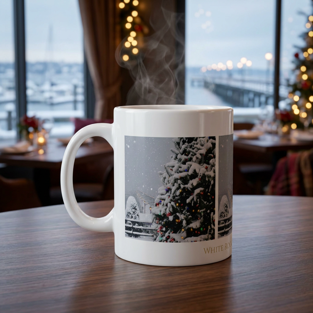 A white ceramic mug featuring a wrap-around holiday winter photograph of a snow-covered Christmas tree with colorful lights, on a clean white background.