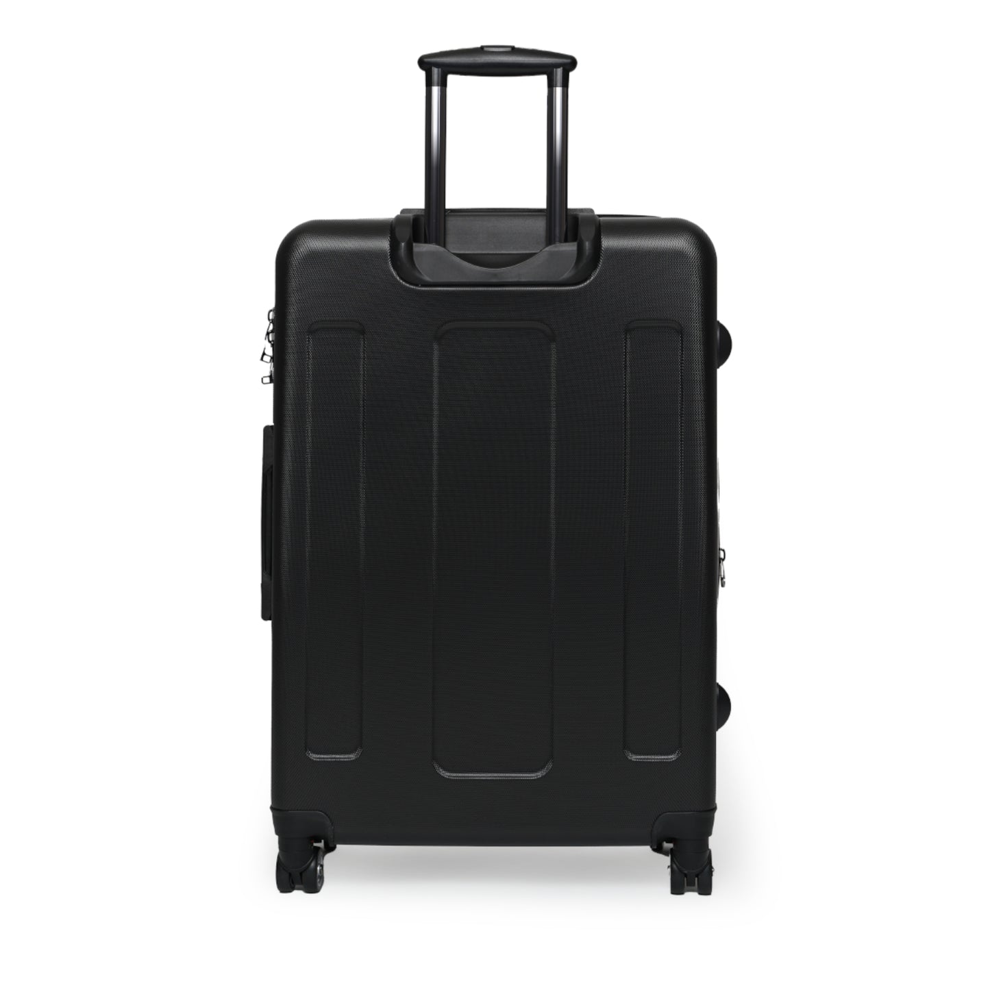 Black suitcase with wheels on a white background