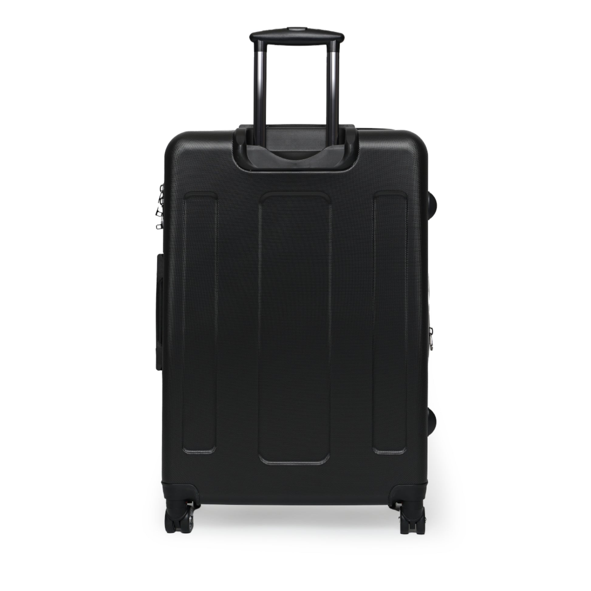 Black suitcase with wheels on a white background