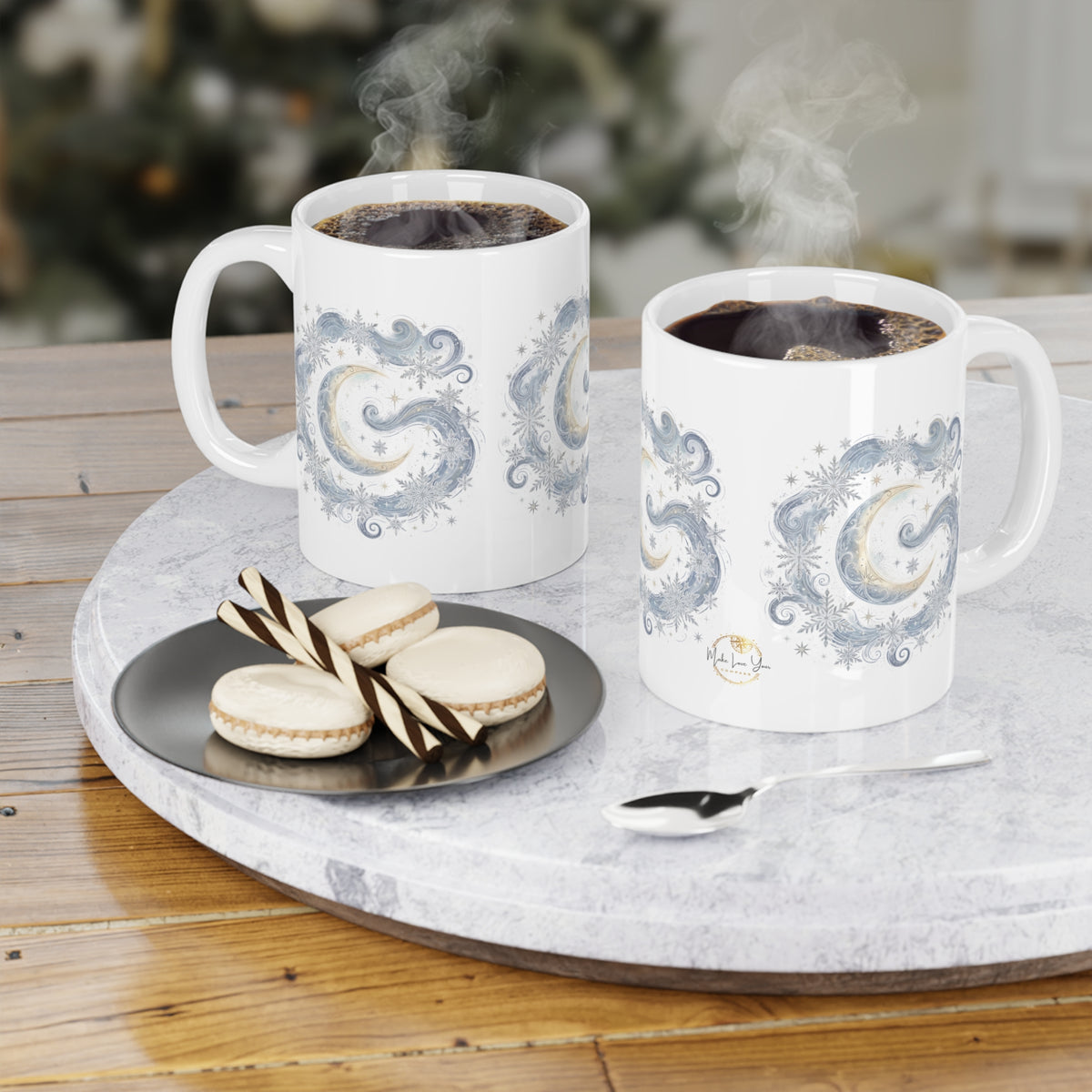 Make Love Your Compass Celestial Moon & Snowflake Ceramic Mug - 11oz Winter Night Artistic Coffee Cup