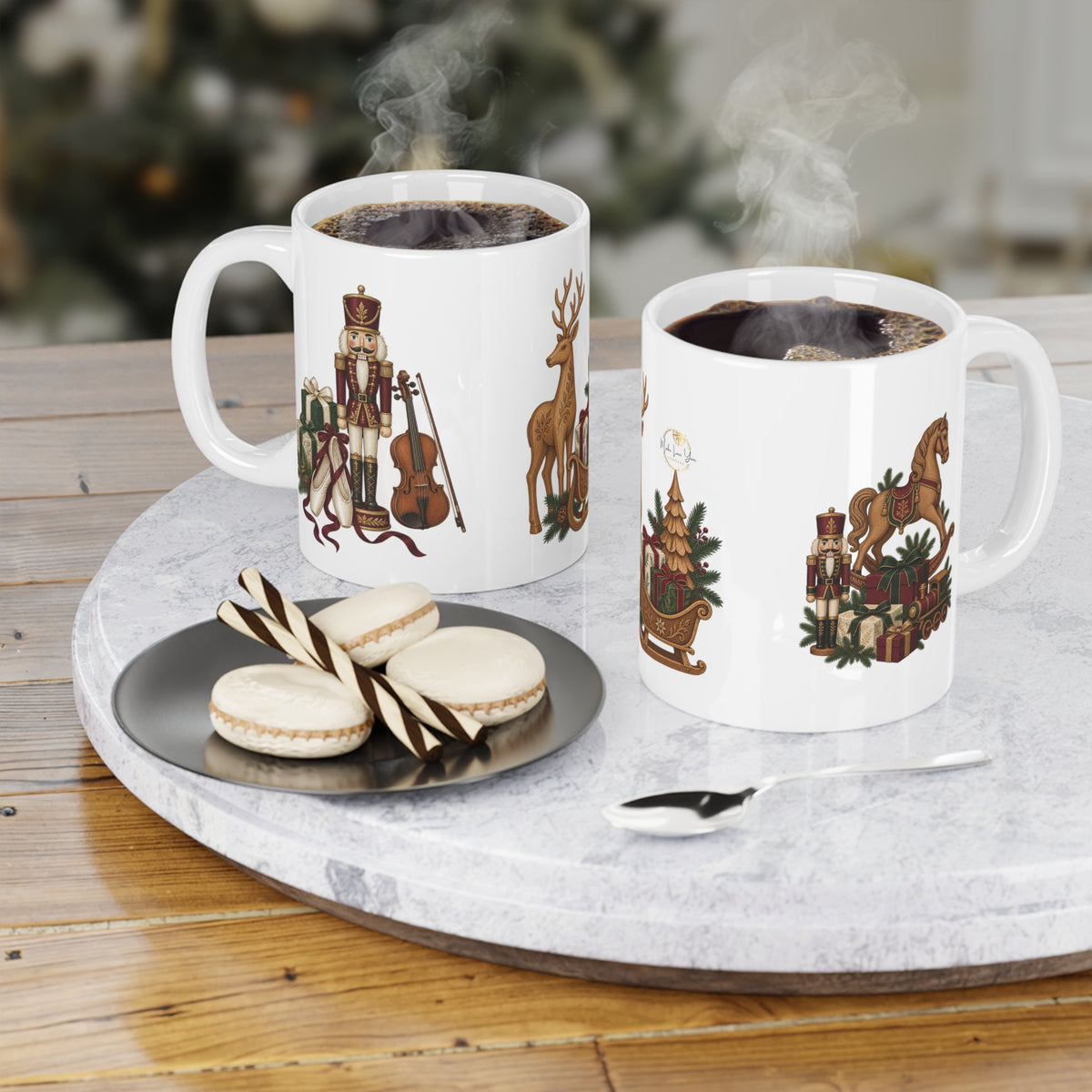 Vintage Christmas Ceramic Coffee Mug | Rocking Horse, Reindeer, Nutcracker