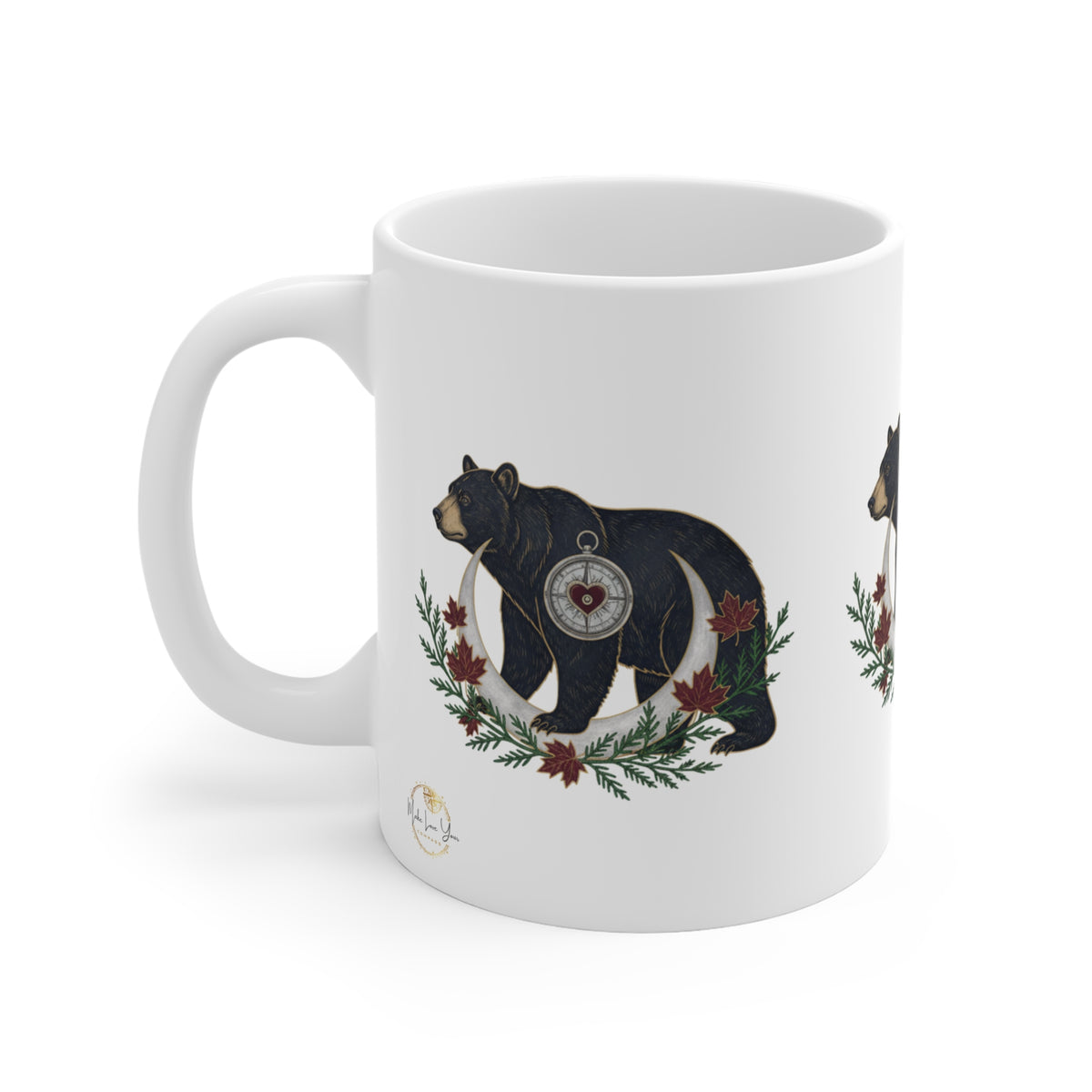 A left-handed side view of a white ceramic black bear mug featuring a small trademark logo in the bottom corner.