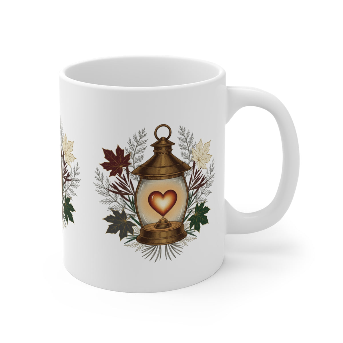 A white ceramic mug featuring a vintage-style illustration of a lantern with a glowing heart, surrounded by autumn leaves and foliage.
