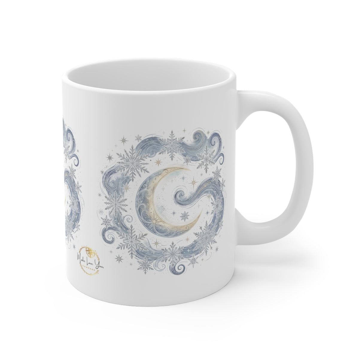 A white ceramic mug featuring a celestial winter design with a crescent moon, snowflakes, and swirling blue-grey clouds, shown on a clean white background.