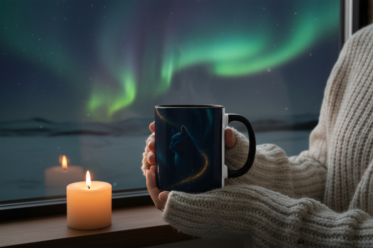 Make Love Your Compass | Stardust Black Cat Accent Mug - 11oz