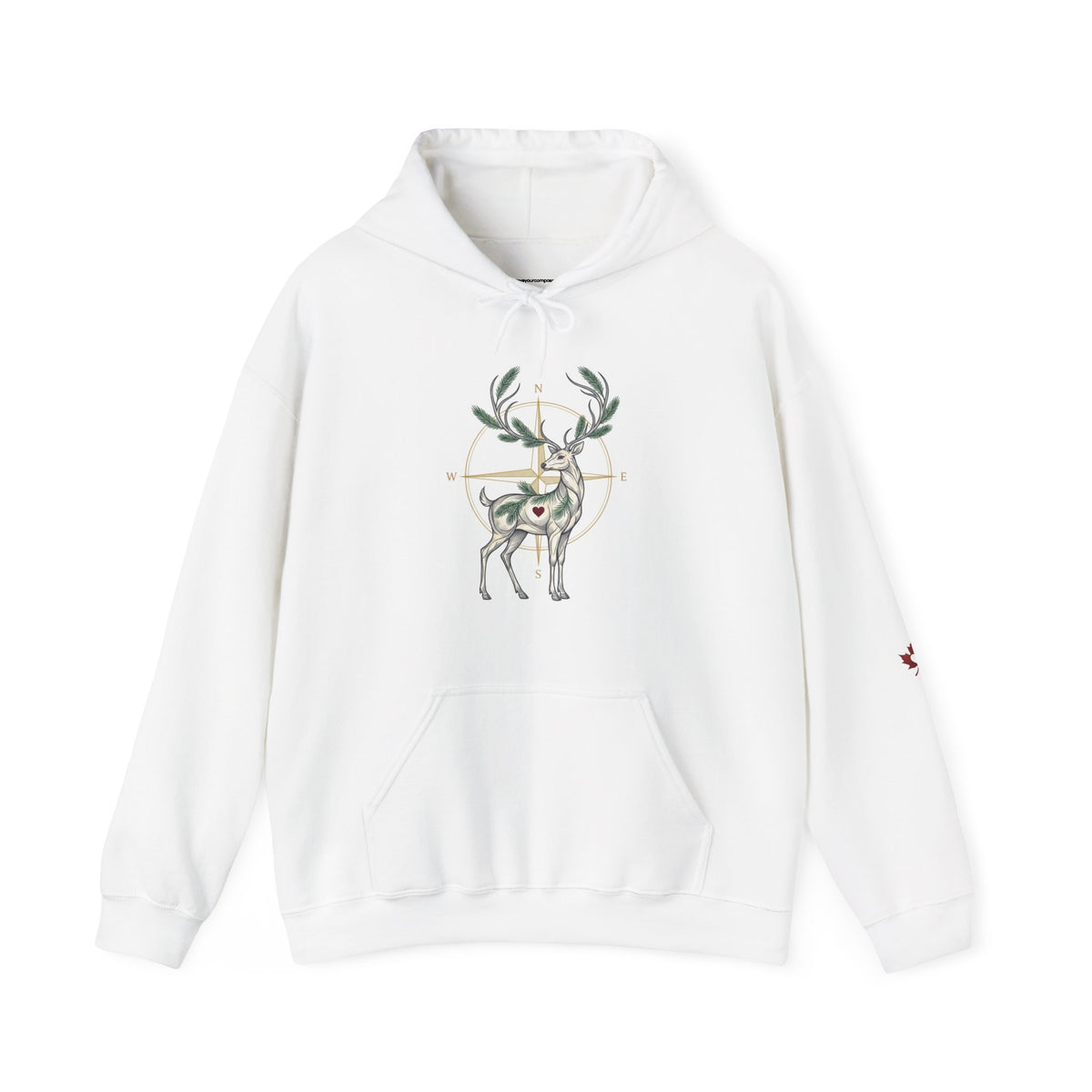A white hoodie featuring a deer graphic inside a target design on the chest, against a plain white background.