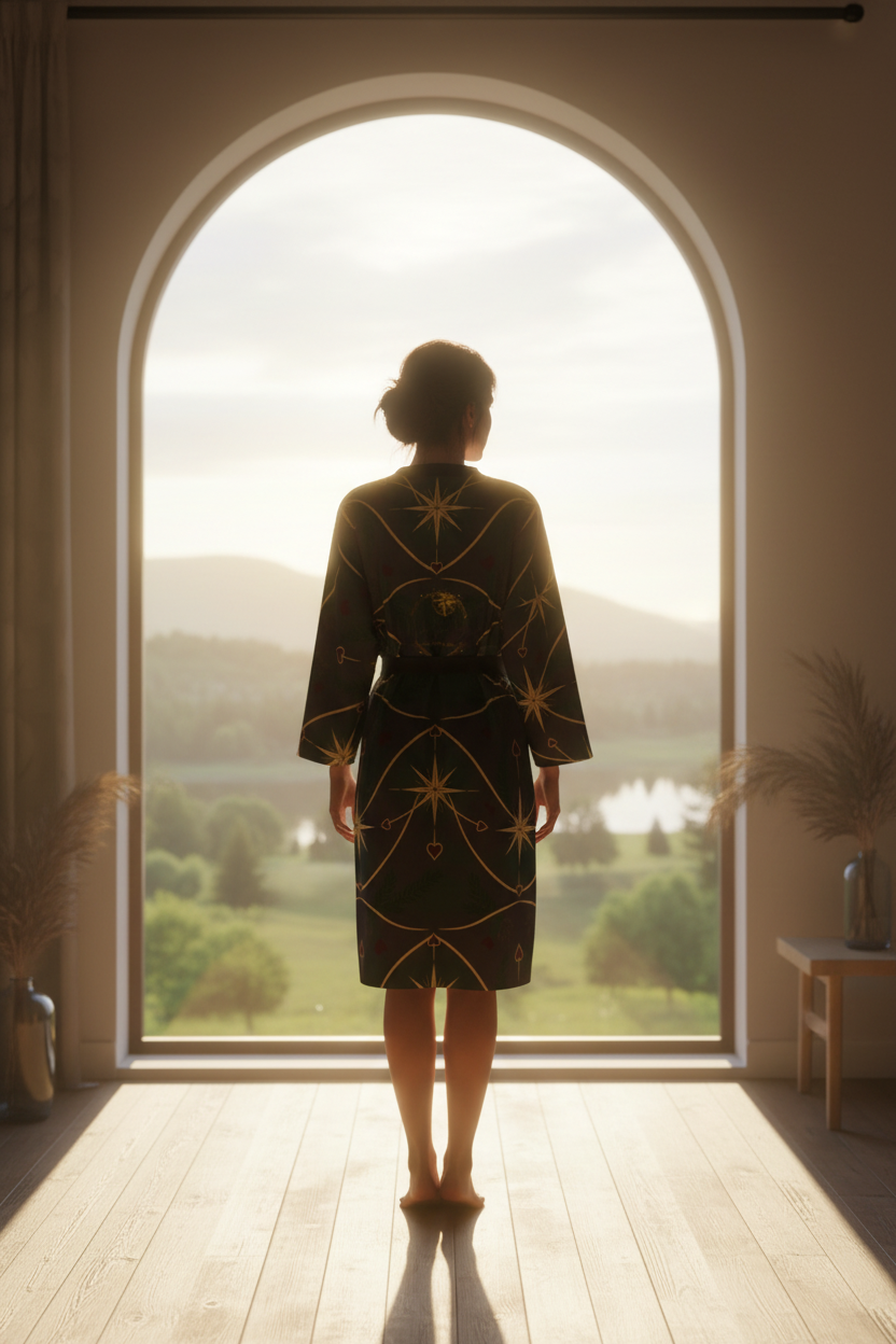 Reverse view of a model in a handcrafted art robe showing the full Compass and Hearts design across the shoulders.