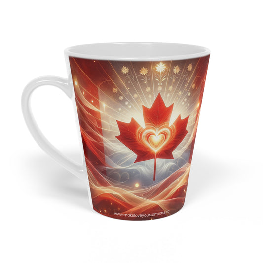 Canadian-designed mug with radiant maple leaf heart from Make Love Your Compass™ – symbol of unity, warmth, and soulful pride.