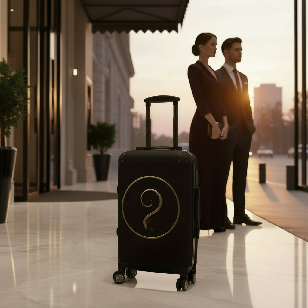 Two people standing next to a black suitcase with a logo in a hotel lobby.