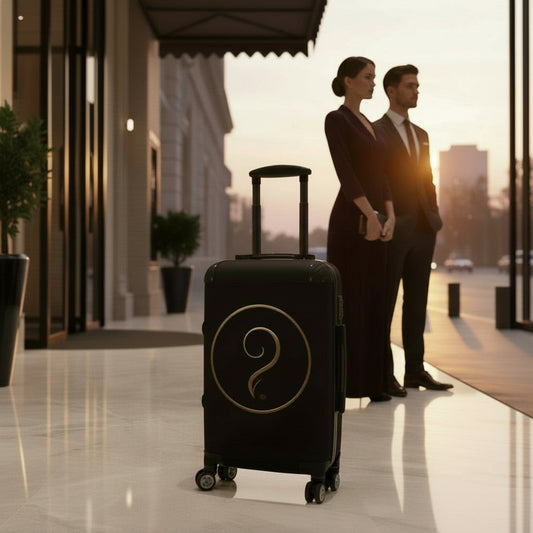 Two people standing next to a black suitcase with a logo in a hotel lobby.