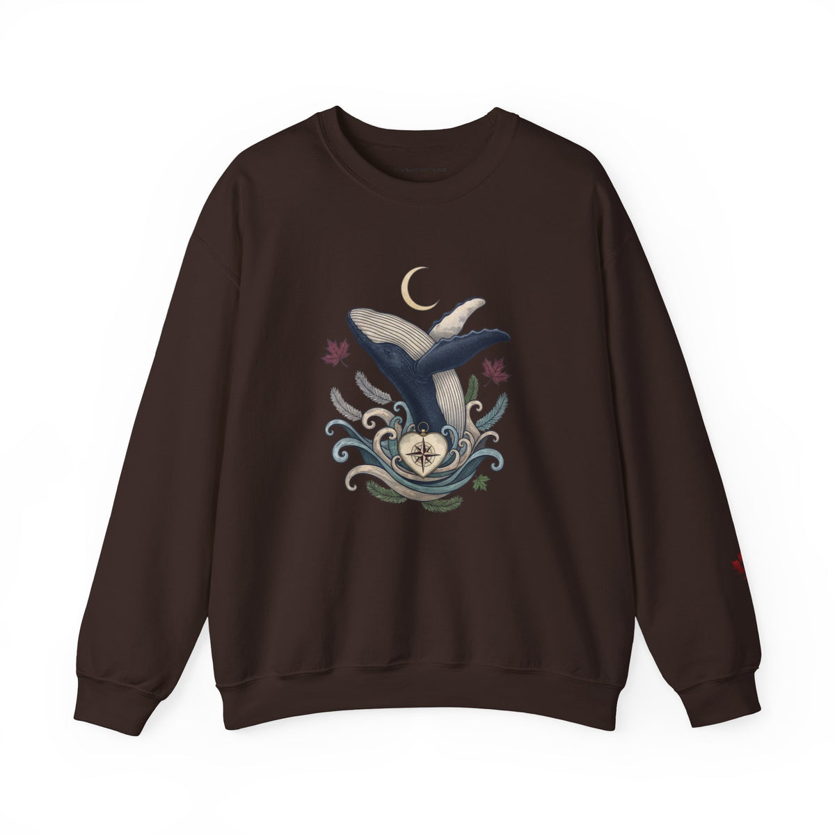 Make Love Your Compass Whale Moon Sweatshirt: A brown crewneck featuring a graphic print of a blue and white whale with a crescent moon and swirling waves against a white background.