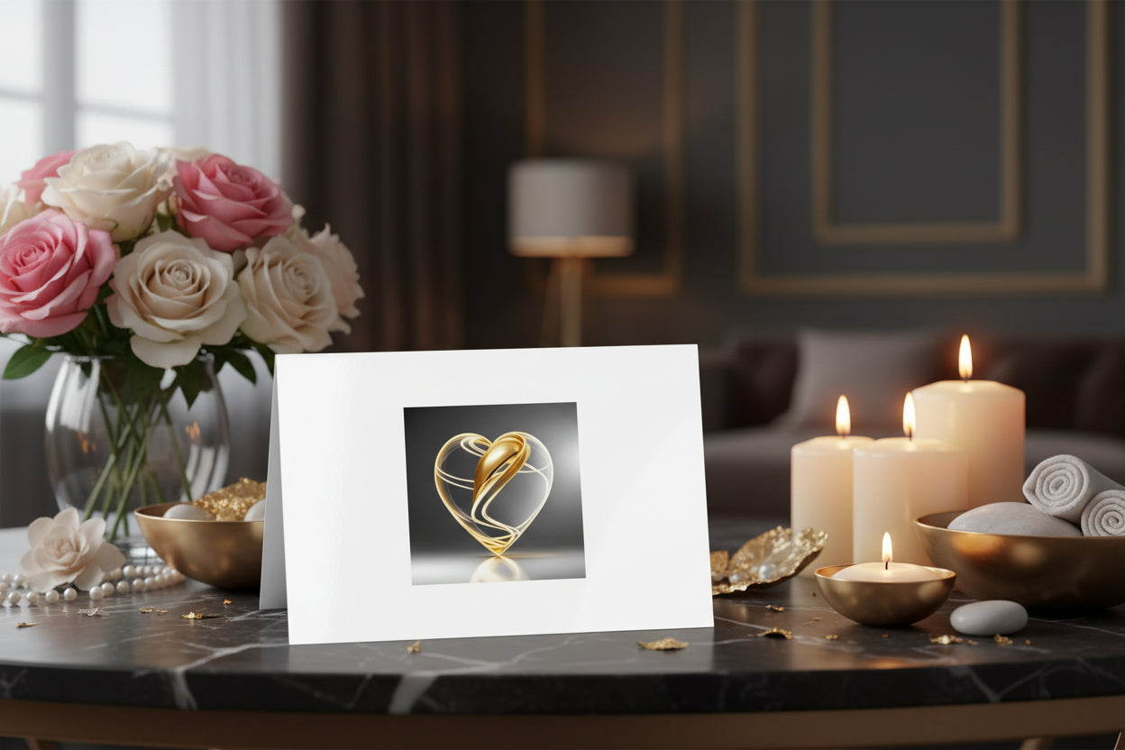 Greeting card with a gold heart design on a white background
