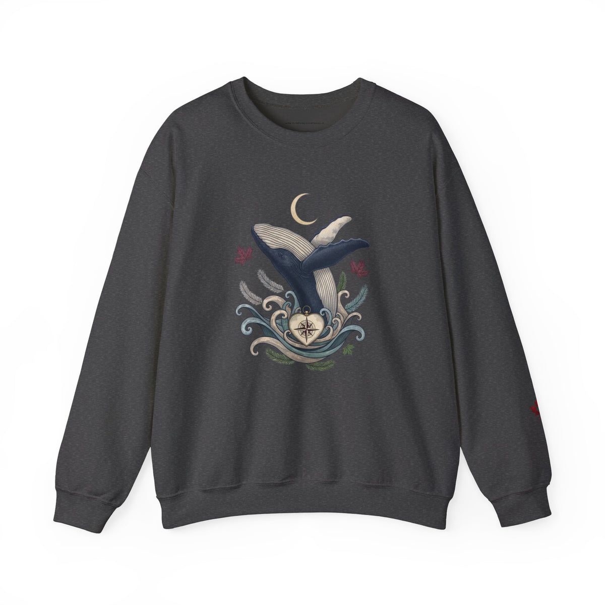 Make Love Your Compass Whale Moon Sweatshirt: A grey crewneck featuring a graphic print of a blue and white whale with a crescent moon and swirling waves against a white background.