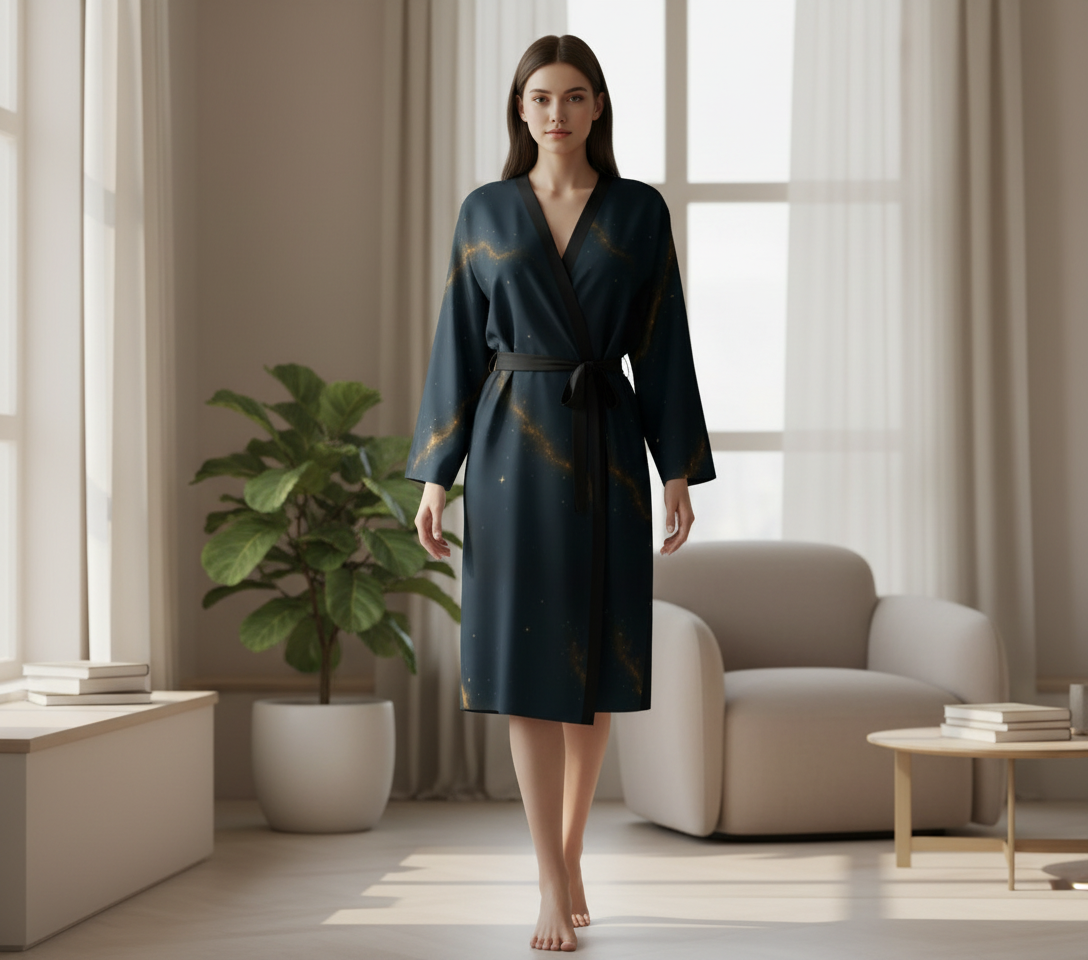 Woman wearing a dark blue robe in a modern living room.