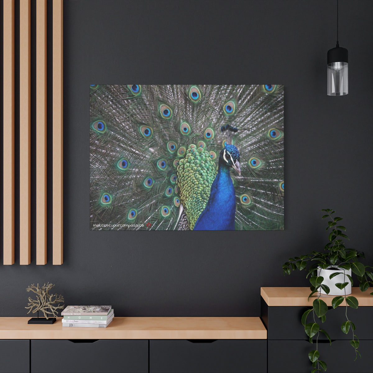 Make Love Your Compass a vibrant peacock feather artwork on a matte stretched canvas featuring deep jewel-toned blues and iridescent greens over a desk in an office.