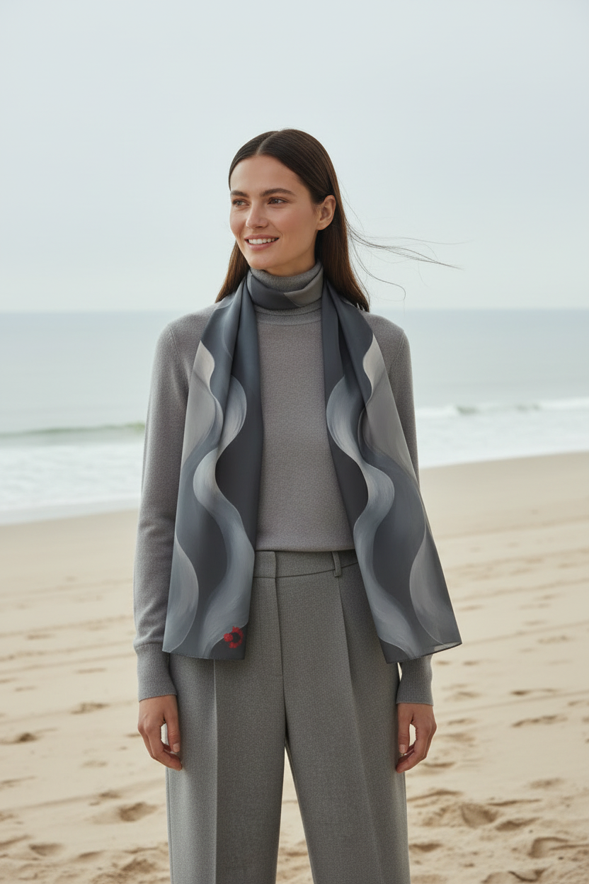 Woman wearing a gray outfit with a patterned scarf on a beach