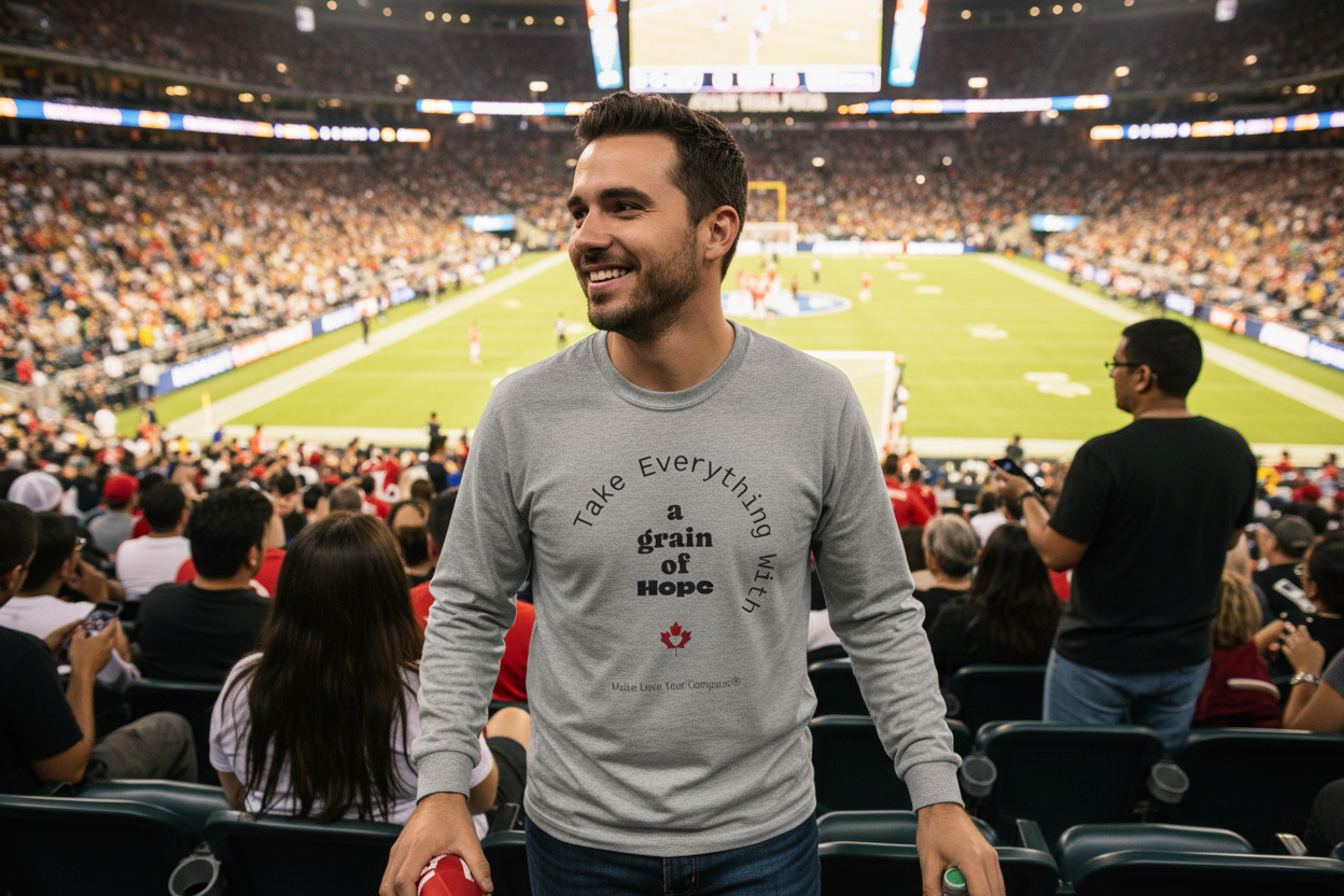 Man in a stadium wearing a gray sweatshirt with text, standing in front of a large crowd.