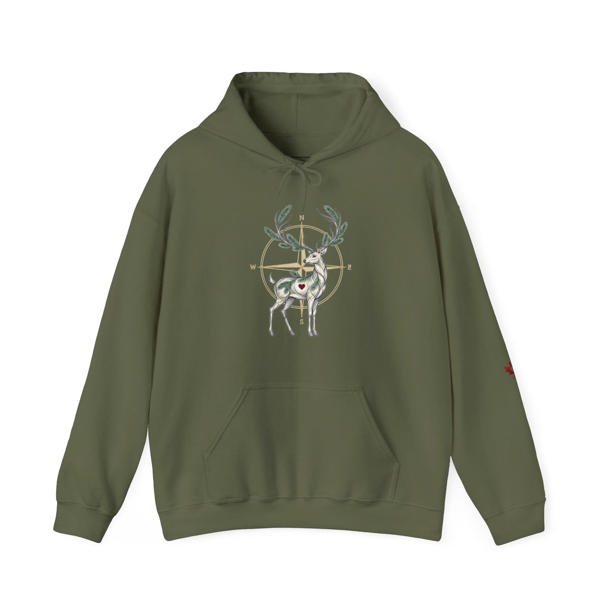 A green hoodie featuring a deer graphic inside a target design on the chest, against a plain white background.