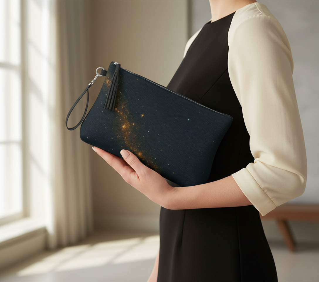 Person holding a black clutch with starry design in a softly lit room