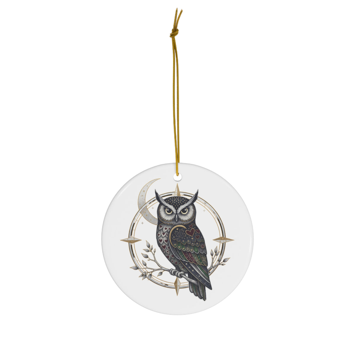 Make Love Your Compass Owl Ornament: A round white ceramic Christmas ornament featuring a detailed illustration of an owl perched in front of a crescent moon with gold geometric accents, hanging from a gold string against a white background.