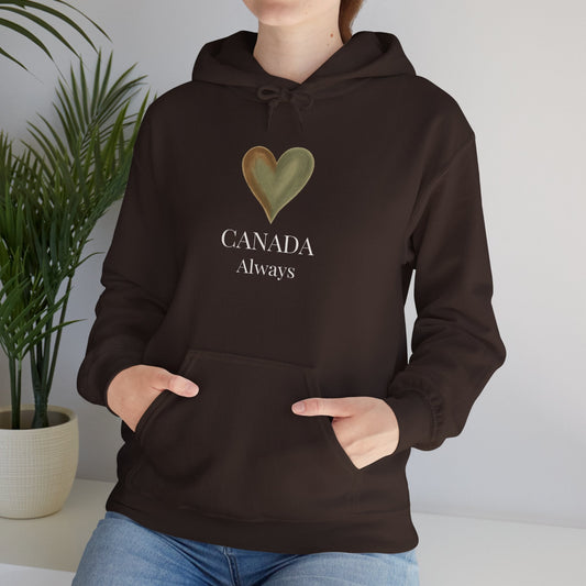Person wearing a brown hoodie with 'Canada Always' text and heart design.