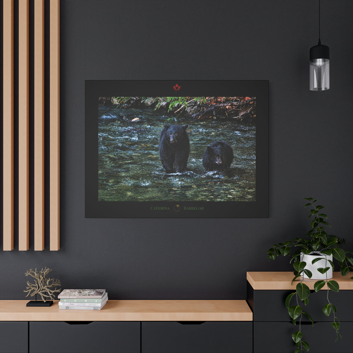 Make Love Your Compass | Black Bears in Stream Matte Canvas Wall Art — Stretched 1.25"