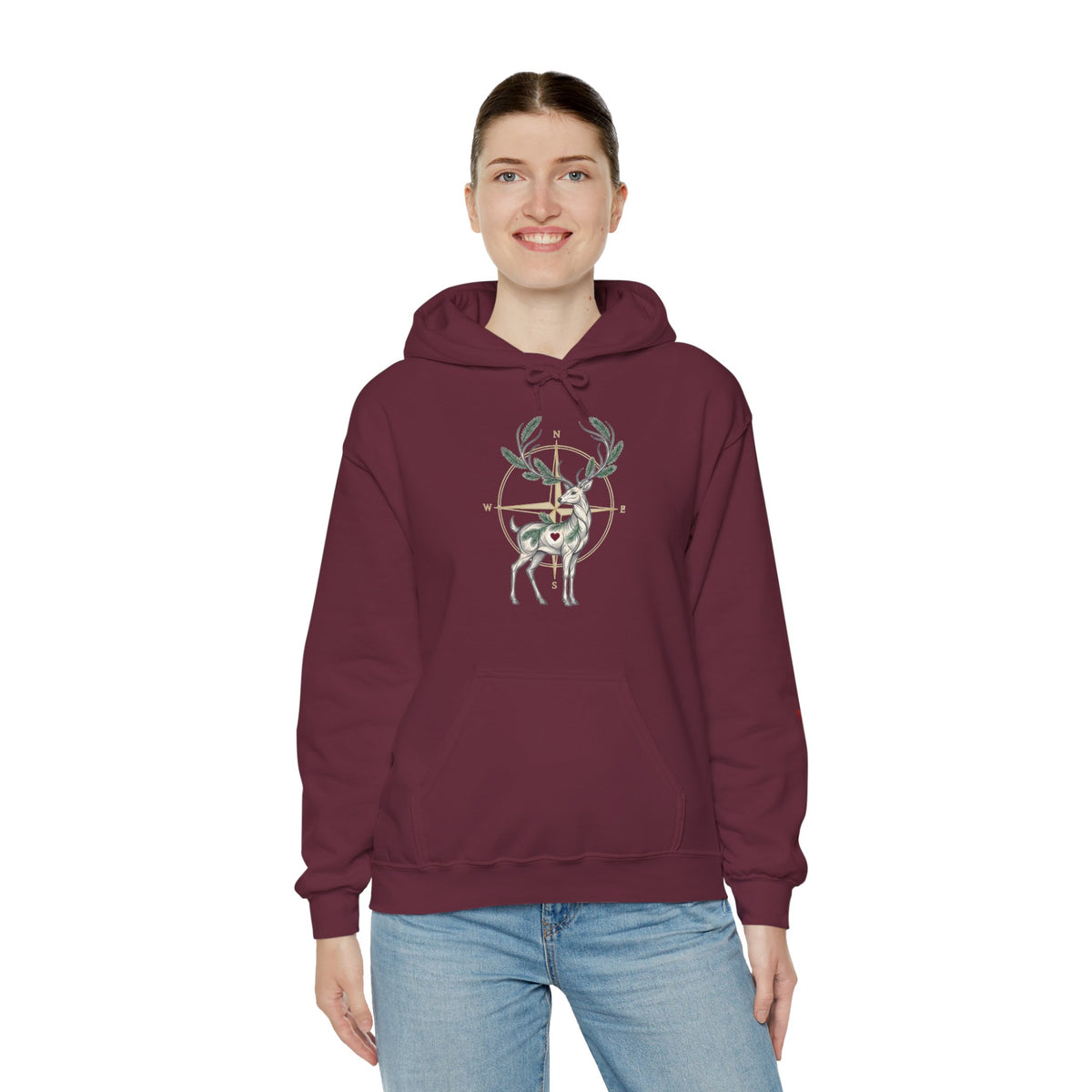 A female wearing maroon hoodie featuring a deer graphic inside a target design on the chest, against a plain white background.