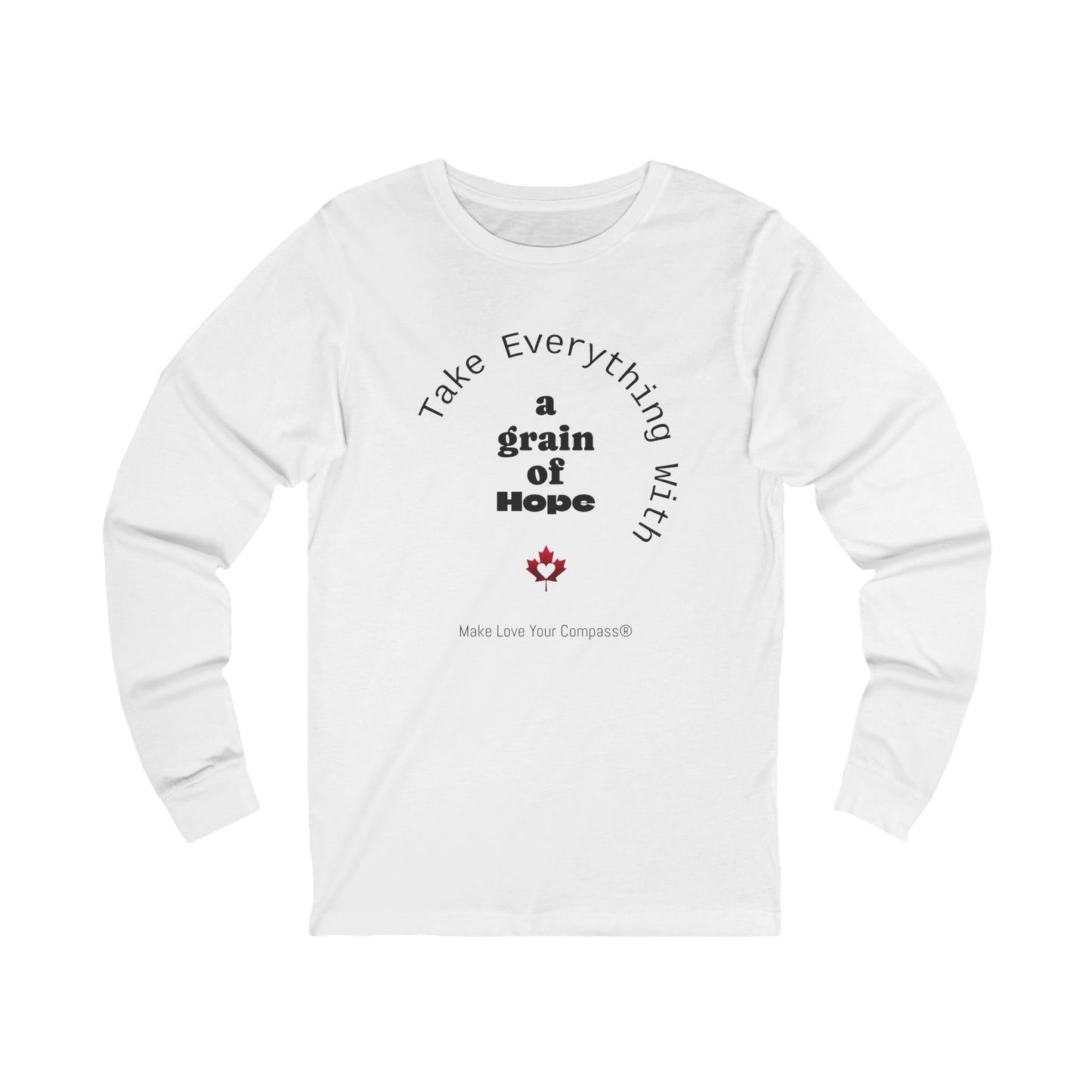 White long-sleeve shirt with text and a logo on a white background