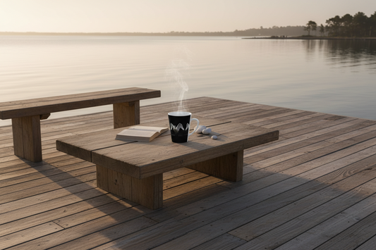 Wooden table on a dock by a lake with a book and a cup.