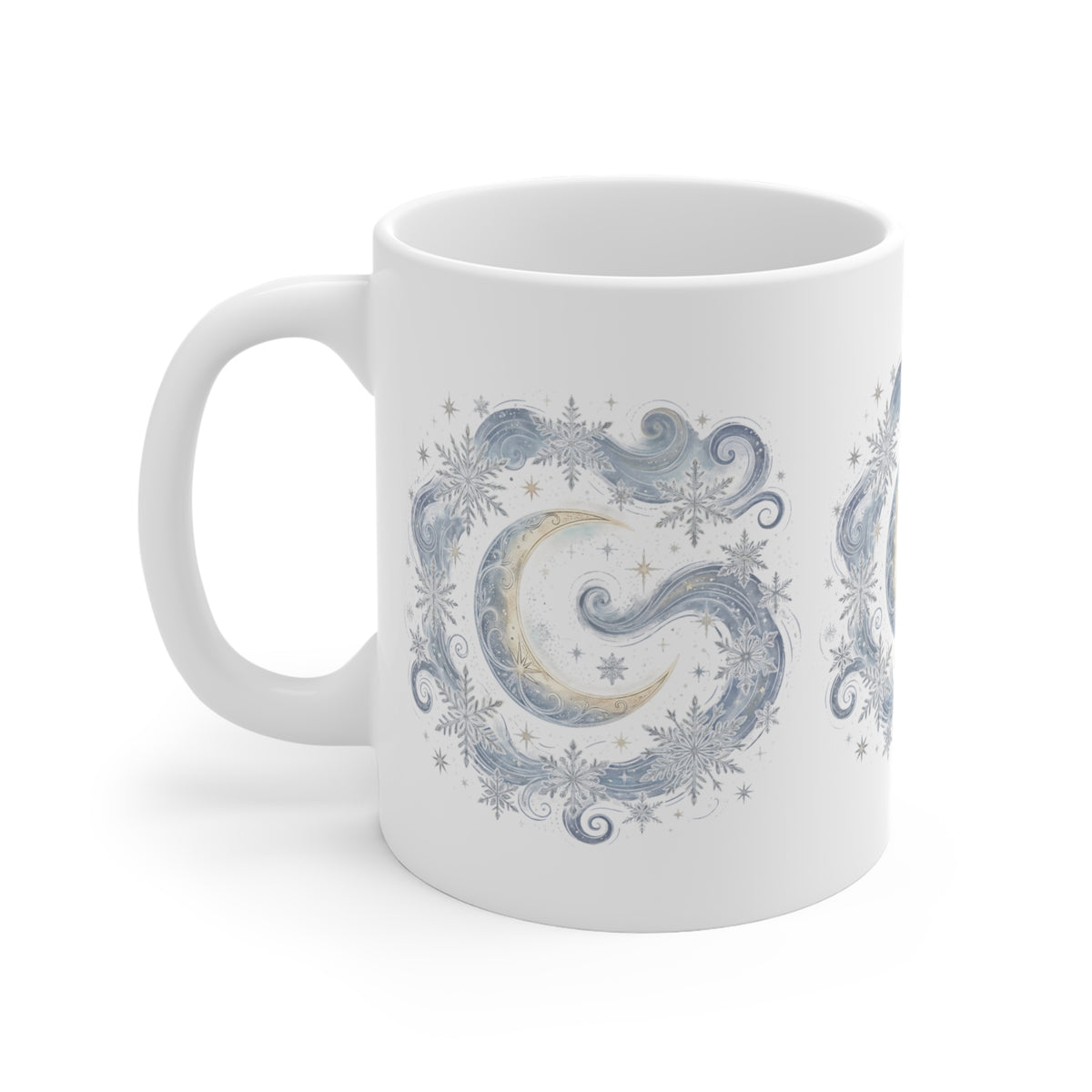 Make Love Your Compass Celestial Moon & Snowflake Ceramic Mug - 11oz Winter Night Artistic Coffee Cup