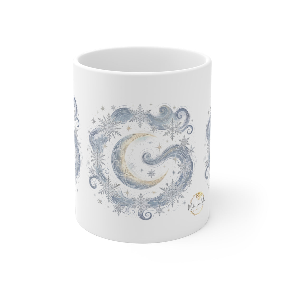 Make Love Your Compass Celestial Moon & Snowflake Ceramic Mug - 11oz Winter Night Artistic Coffee Cup