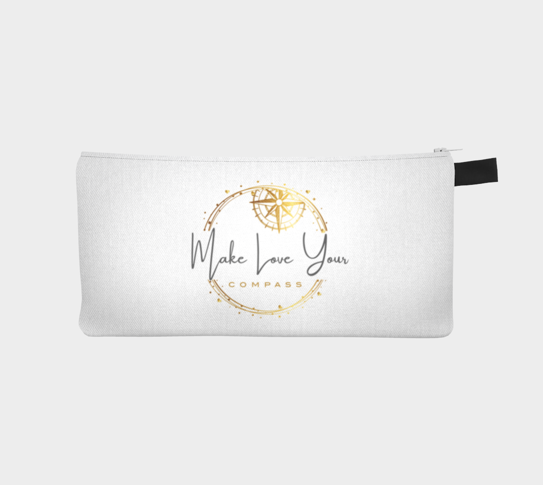 White pouch with gold compass design and text on a white background