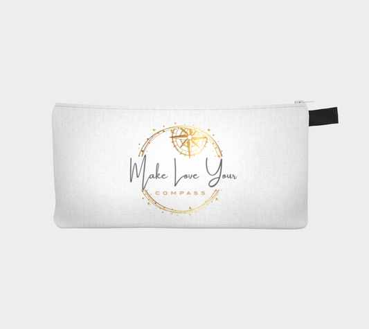 White pouch with gold compass design and text on a white background