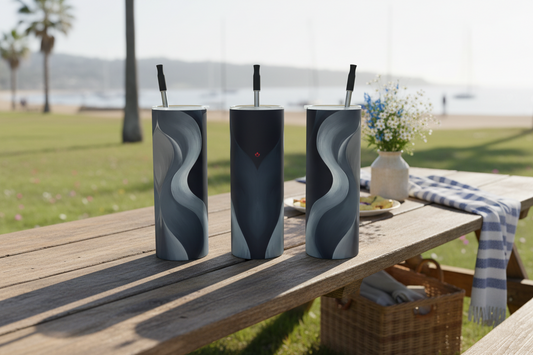 Three tumblers with abstract designs on a wooden table outdoors.