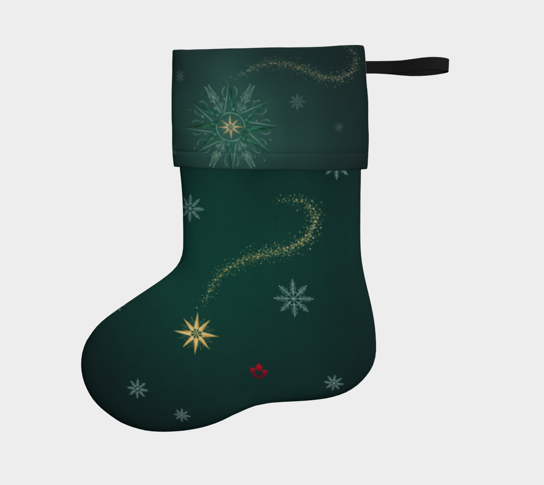 A dark green Christmas stocking decorated with a gold star and its glittering trail, white snowflakes, and a green snowflake pattern on the cuff, shown against a light gray background.