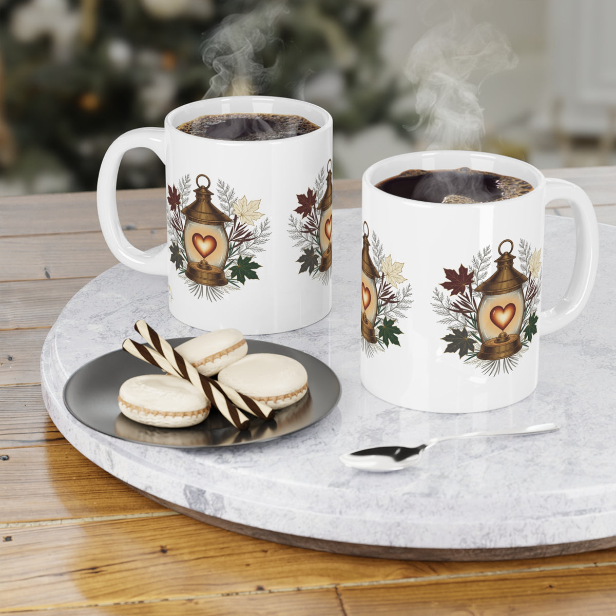 Lantern Heart Ceramic Mug — Autumn Leaves Cozy Coffee Cup 11oz