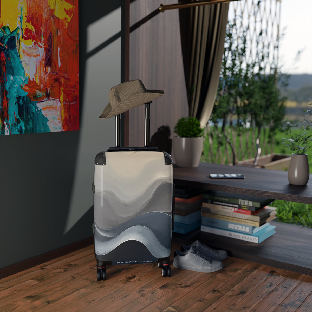 Grey Blue Wave Graphic Hardshell Rolling Suitcase