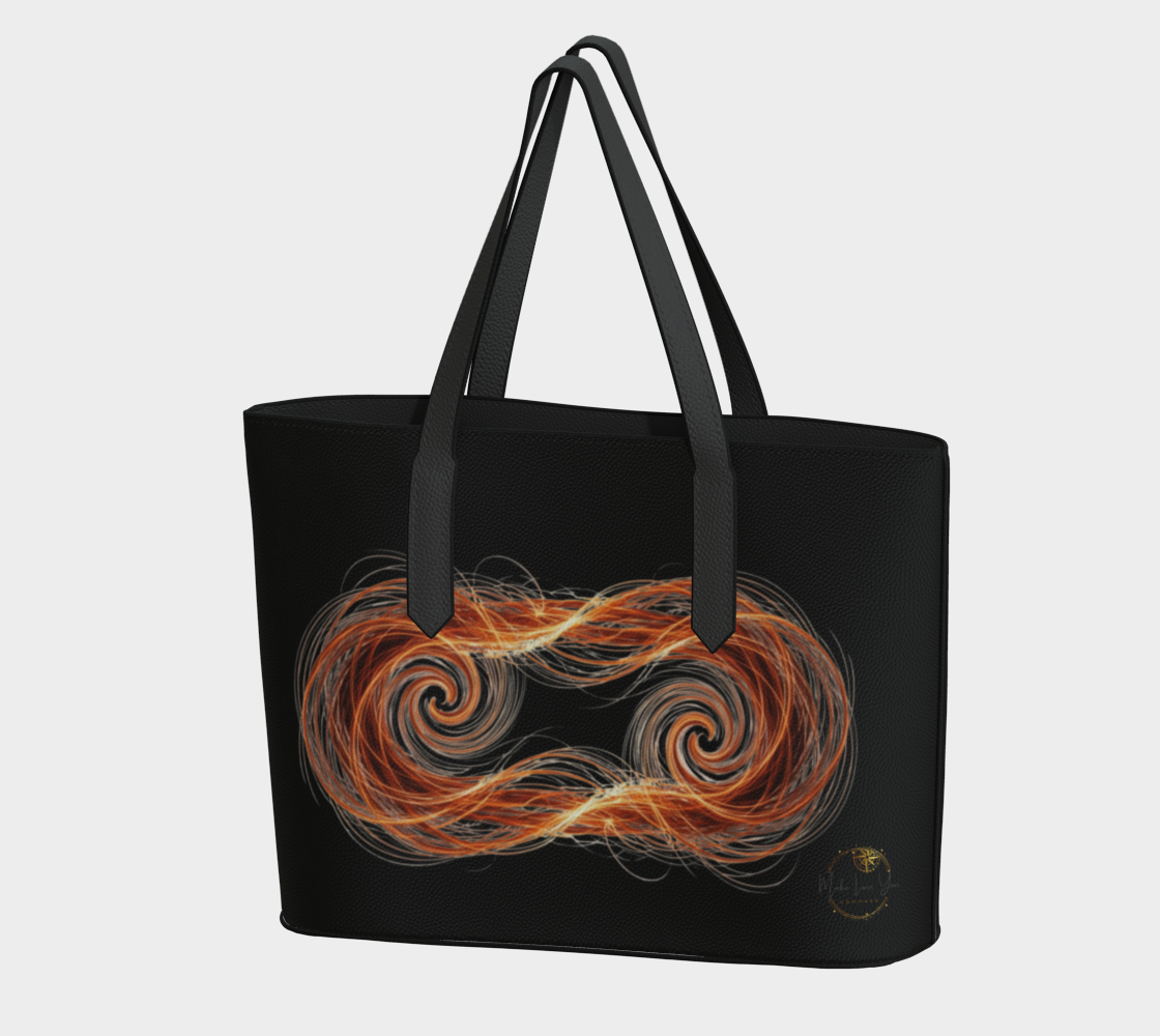 A black tote bag with dual shoulder straps, featuring a large abstract swirl design in orange, red, and white across the front, and a small gold circular logo near the bottom right corner, set against a light gray background.