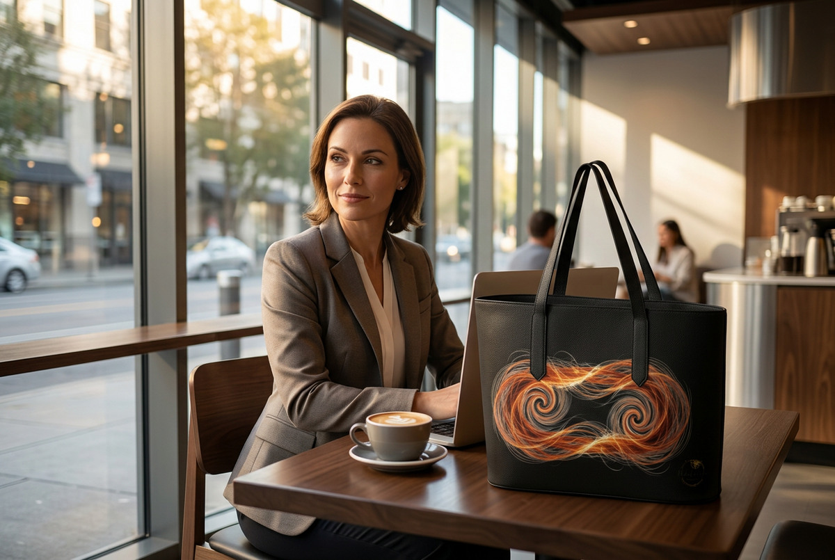 A woman in a gray blazer sits at a wooden table in a bright cafe, with a black tote bag featuring a vibrant orange and yellow swirl pattern placed next to her.