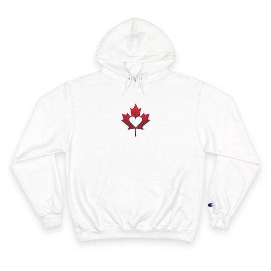 White hoodie with a red maple leaf design on a white background