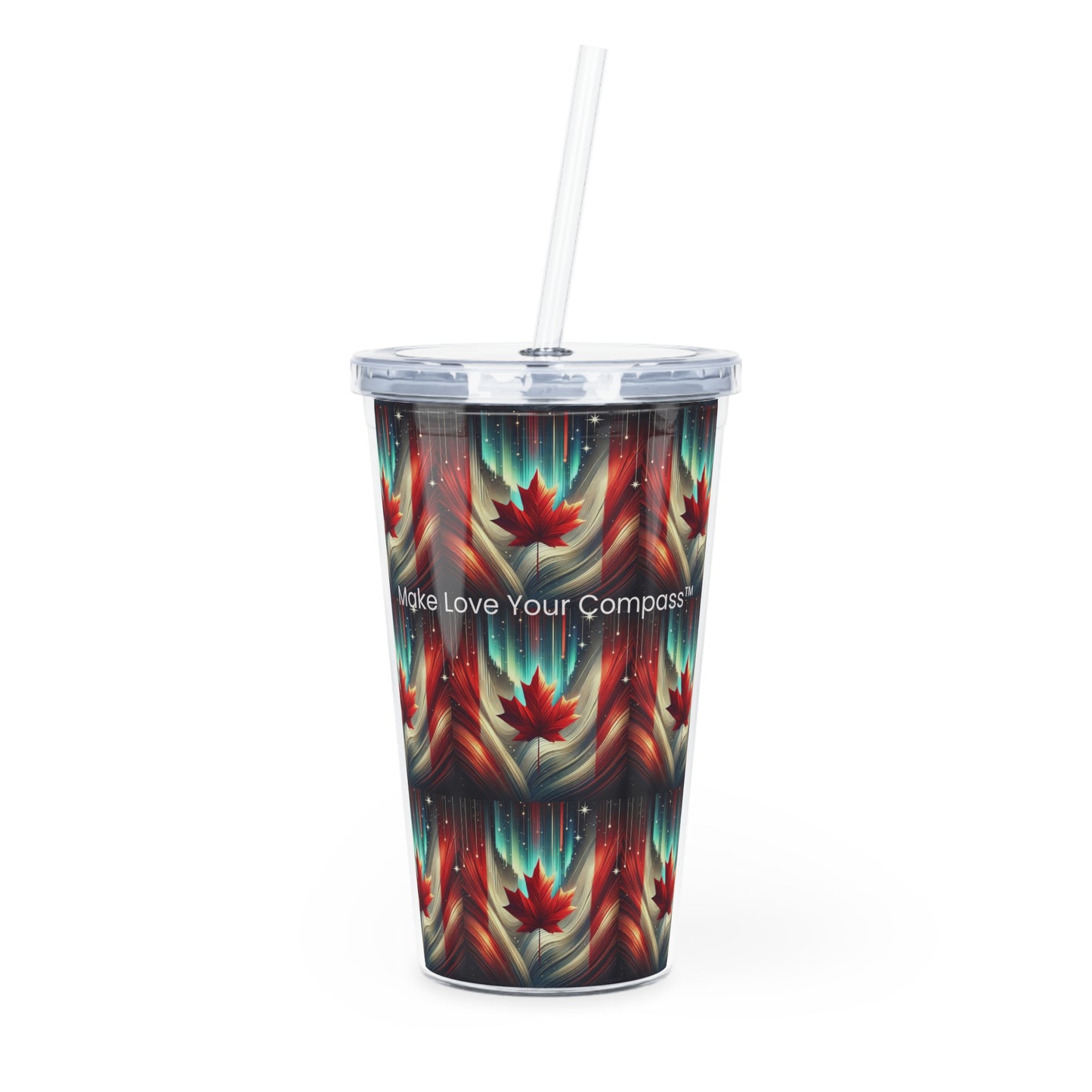 Canadian-designed tumbler from Make Love Your Compass™, featuring a vibrant maple leaf and aurora-style design to inspire kindness and unity.
