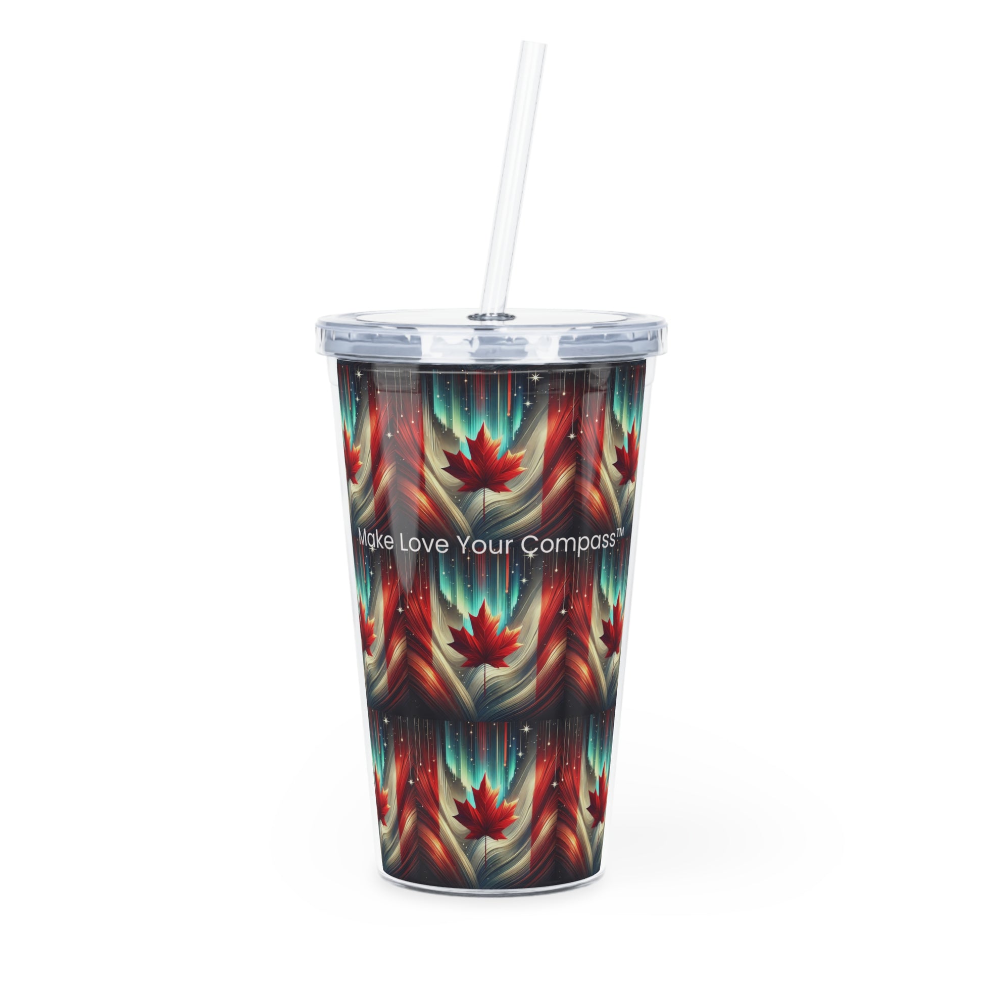 Canadian-designed tumbler from Make Love Your Compass™, featuring a vibrant maple leaf and aurora-style design to inspire kindness and unity.
