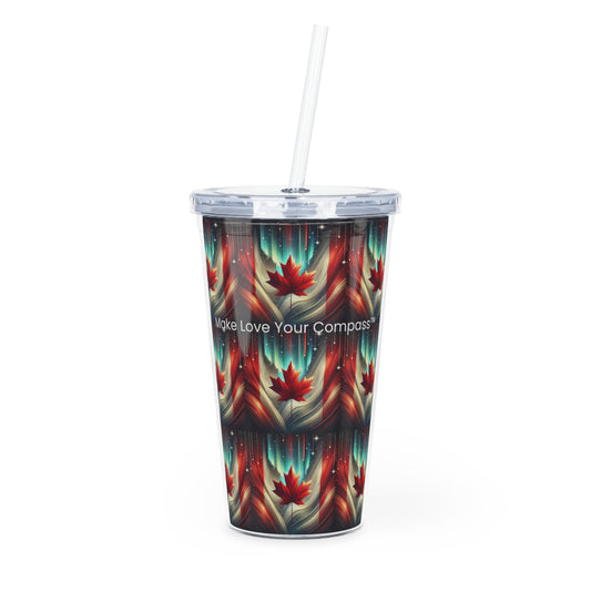 Canadian-designed tumbler from Make Love Your Compass™, featuring a vibrant maple leaf and aurora-style design to inspire kindness and unity.
