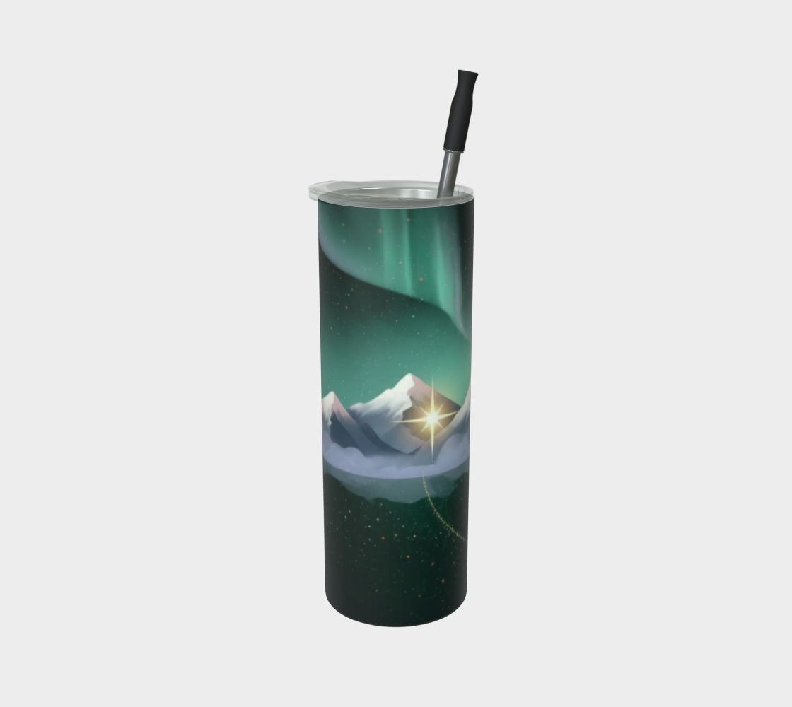 Stardust Journey Stainless Steel Tumbler — Mountain Aurora & Starry Night Art