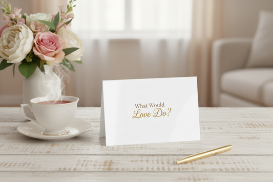 White card with gold text 'What Would Love Do?' on a white background