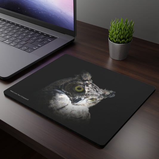 Make Love Your Compass | Great Horned Owl Mouse Pad | Desk Mat - Black Background