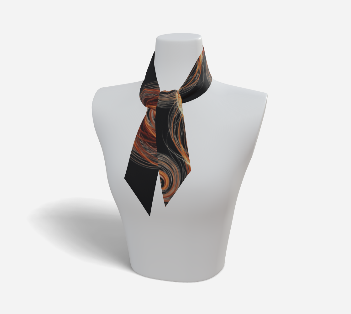 A patterned silk scarf with a black base and swirling orange, brown, and cream swirls, styled on a white mannequin bust against a black background.